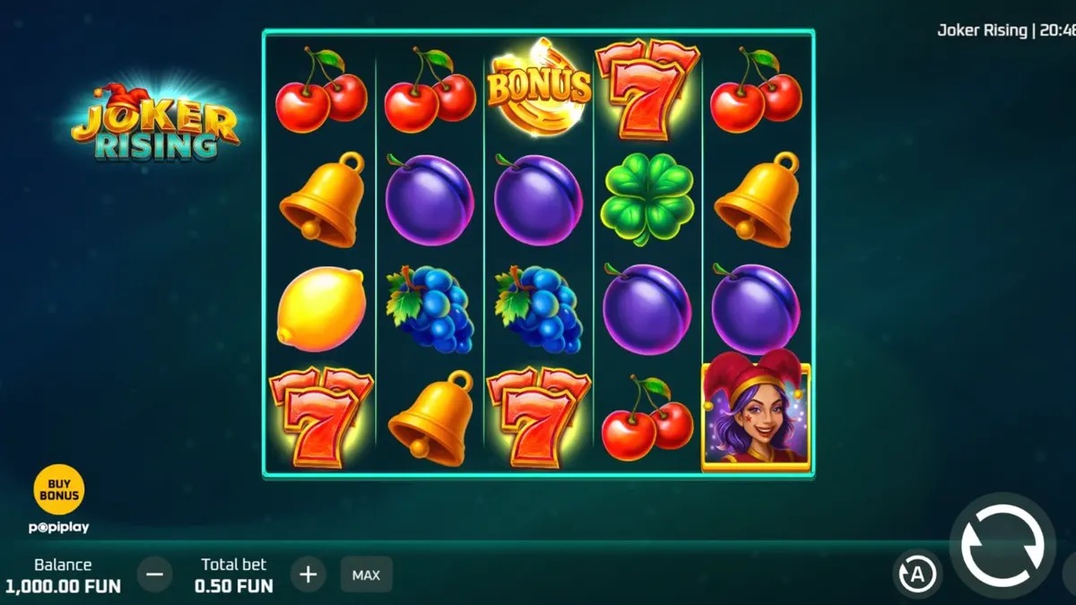 Tampilan visual slot Joker Rising dengan simbol buah neon dan karakter Joker yang ceria.