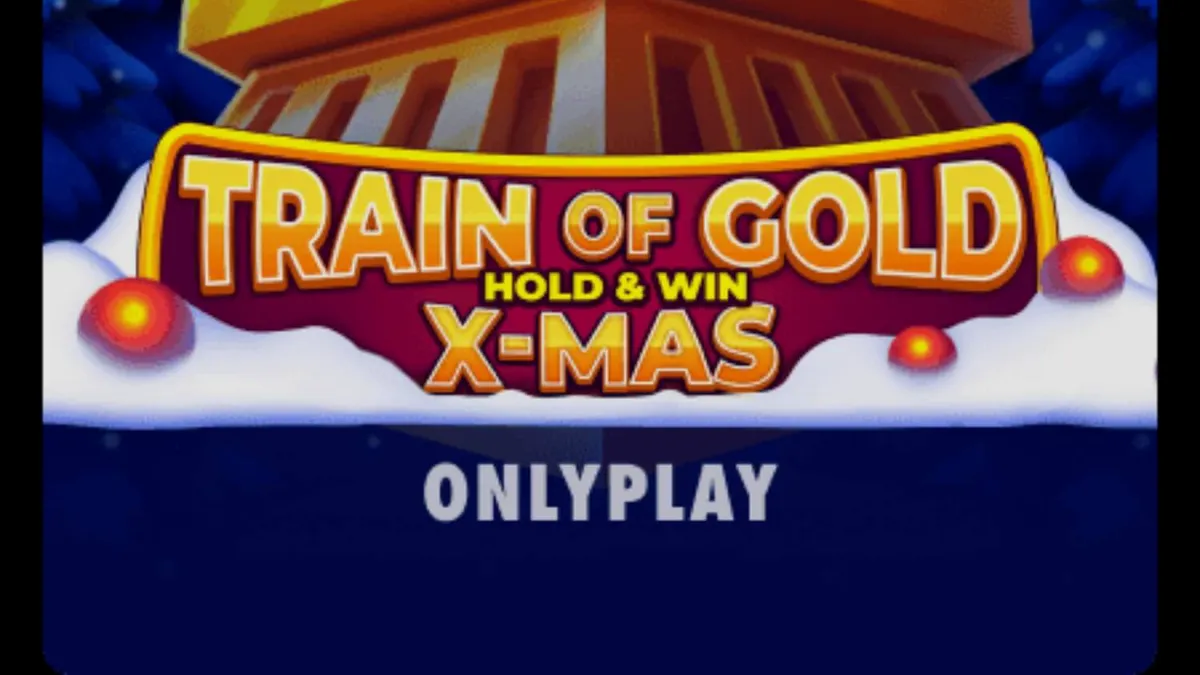 Tampilan visual kereta emas dalam permainan slot Train of Gold X-Mas: Hold & Win dengan latar belakang salju musim dingin.